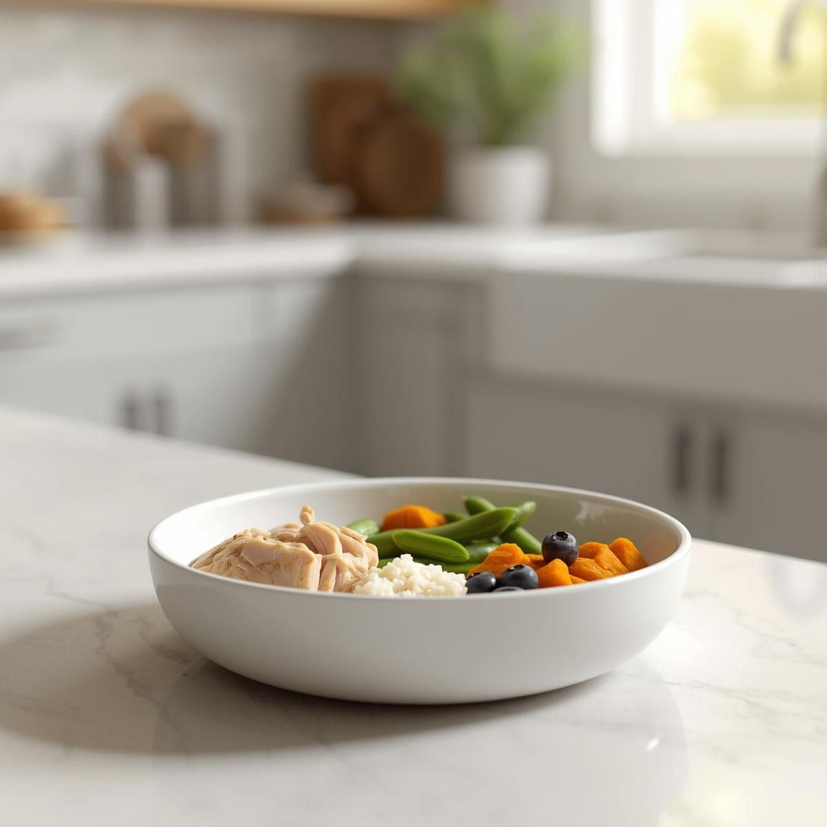 White bowl with food on a kitchen counter